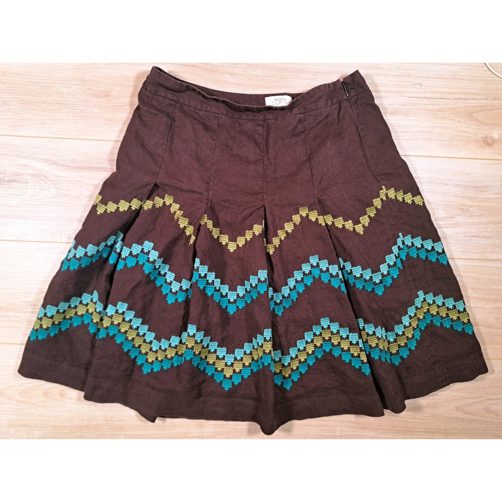 Ann Taylor Loft Brown Linen Embroidered Chevron A-Line Boho Teal Skirt Size‎ 8